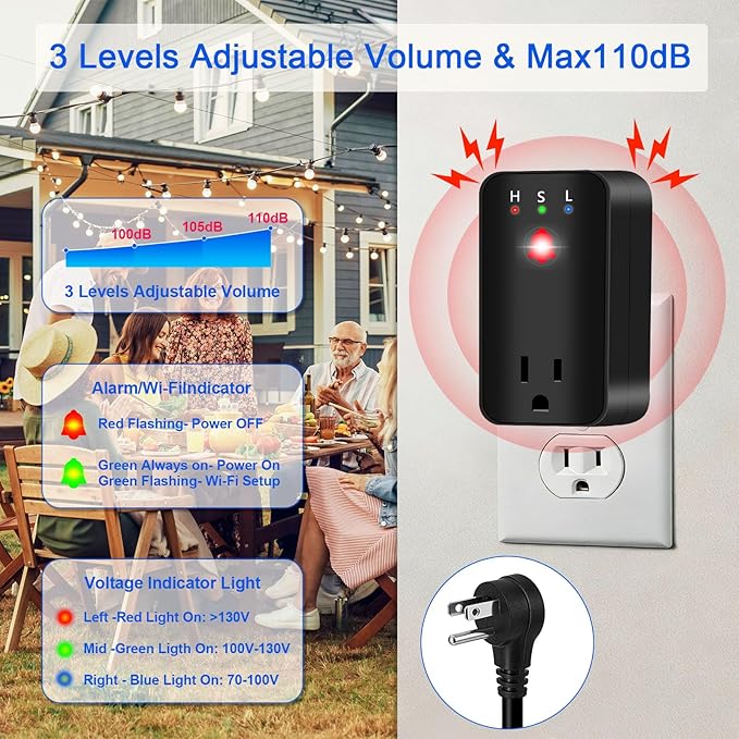 Power Failure Alarm with WiFi App Notifications, Loud 110dB Smart Power Outage LED Indicator Voltage Detection, Failure Detector for Freezer, GFCI Trips, Sump Pump, Greenhouse