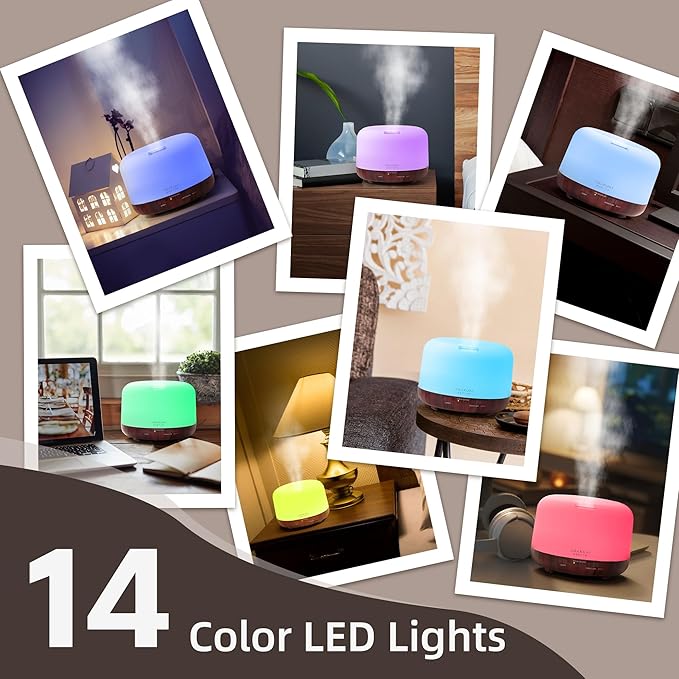ASAKUKI Essential Oil Diffuser for Home, 500ML Aromatherapy Diffuser Humidifier with Remote Control, 7 Color LED Lights, Quiet Cool Mist Diffuser for Bedroom, Office, Gift for Mom (Reddish-Brown)