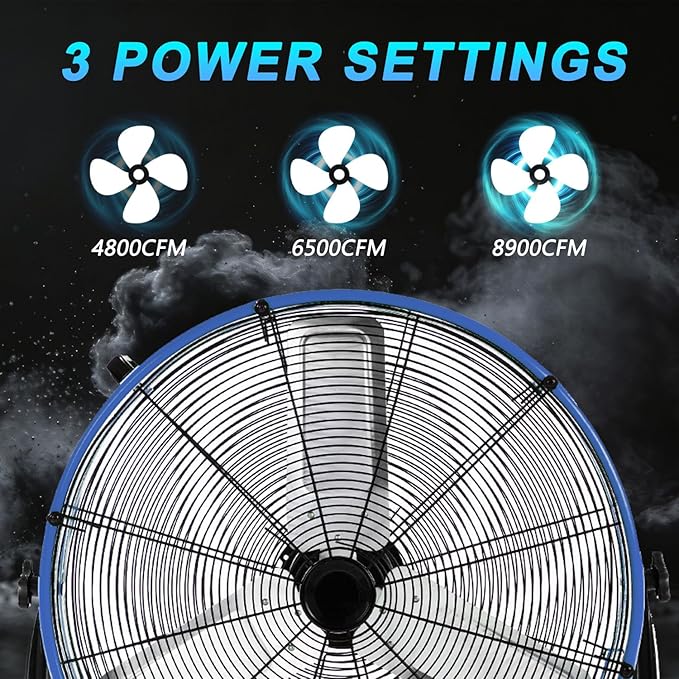 WARMLREC 24" Industrial Floor Fan, 8900 CFM High Velocity Drum Fan with 3 Speeds, Portable Heavy Duty Industrial Fan for Warehouse, Workshop, Factory, Commercial, Residential and Greenhouse Blue