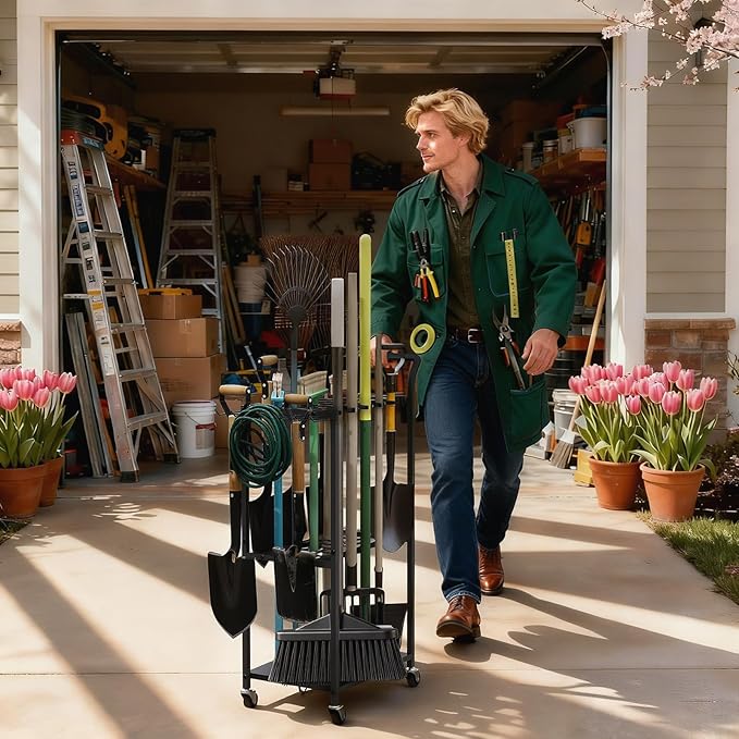 Faesun Garden Tool Organizer with Wheels, Heavy Duty Rolling Yard Tool Rack with 14 Hooks & 5 Slots, 3-Tier Metal Cart Holds 50+ Rakes/Shovels/Brooms, Mobile Lawn Storage for Garage Shed Outdoor