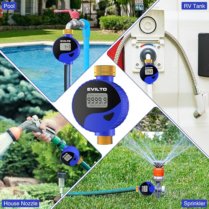 Water Flow Meter with 360° Rotatable and Removable Panel, Alloy Inlet & Outlet Flow Meter Measure Gallon/Liter Consumption for Garden Hose Watering, RV Water Tank Filling, Lawn Sprinkler