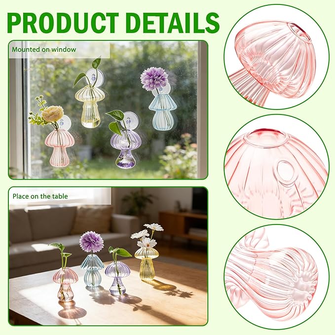 Bunmery Window Propagation Stations, 4 pcs Colored Mushroom Plant Propagation Station with Suction Cups, Easy to Install Window Hanging Planer, Indoor No Nails Glass Vase Terrarium for Plants&Flowers