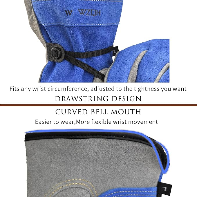 WZQH Leather Work Gloves for Men or Women. Small Glove for Gardening, Tig/Mig Welding, Construction, Chainsaw, Farm, Ranch, etc. Cowhide, Cotton Lined, Utility, Firm Grip, Durable. Blue-Grey S