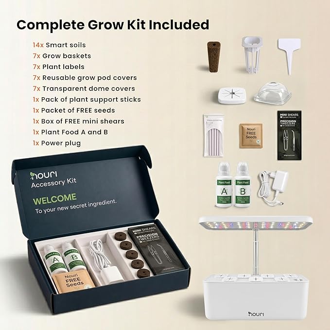 Nouri Hydroponics Growing System, 7 pod Smart Indoor Herb Garden Kit with LED Grow Lights, Hydroponic Herb Garden Indoor for Plant Lovers, Gardeners, Kitchen, Lettuce Seeds Included