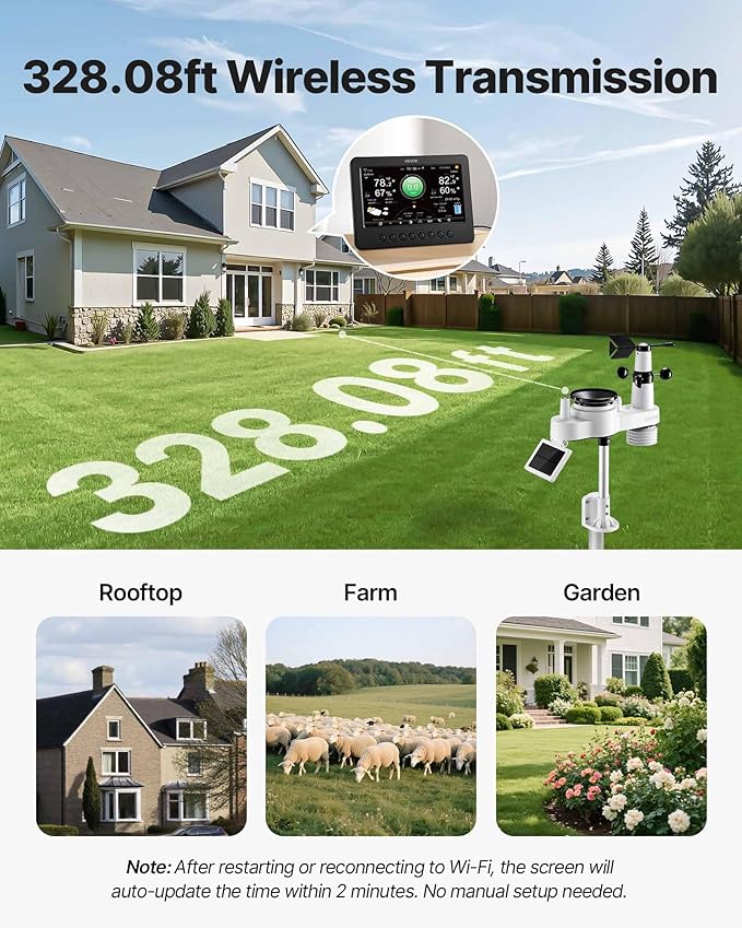 VEVOR 7-in-1 Wi-Fi Weather Station, 7-Inch TFT Display, Wireless Solar Powered Outdoor Sensor, Rain Gauge, Indoor Outdoor for Weather Forecast, Wind Speed Direction, Temperature, Humidity, Rainfall