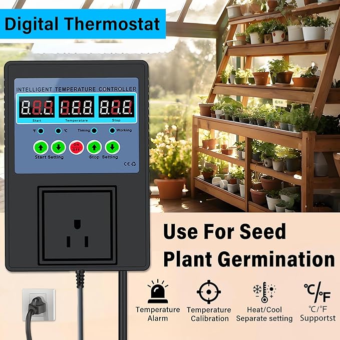 TempMaster Digital Temperature Controller Outlet,Heating & Cooling Thermostat with Dual Relay 15A 3300W,-20~120℉ Incubator Thermostat with Waterproof Probe,Temperature Control Switch for Reptile Tank