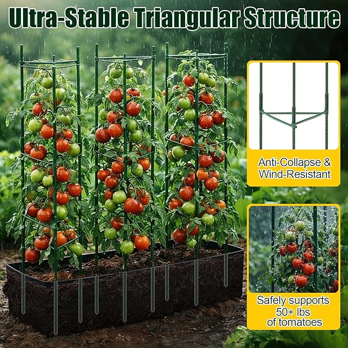 BobbleT 3 Pack Heavy Duty Tomato Cages with 57 Gallon Grow Bag, 48" Adjustable Tomato Trellis for Raised Garden Bed, Sturdy Triangle Plant Support for Climbing Vegetables, Cucumbers & Garden Plants
