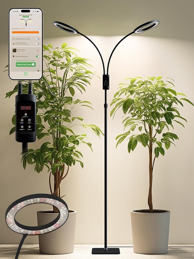 Smart Grow Lights for Indoor Plants, 48W Plant Light with Auto-Timer, Full Spectrum LED Grow Light, Adjustable Height & Stepless Dimming,Plant Assistant Suitable for Most Plants (Black (Dual Heads))