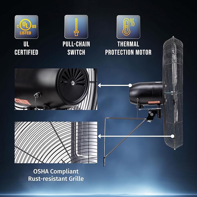 Tornado 24 Inch High Velocity Oscillating Wall Fan – 3 Speed, 7200 CFM, Heavy Duty Metal Construction, 6.6 FT Power Cord – UL Certified for Commercial, Industrial, and Garage Use