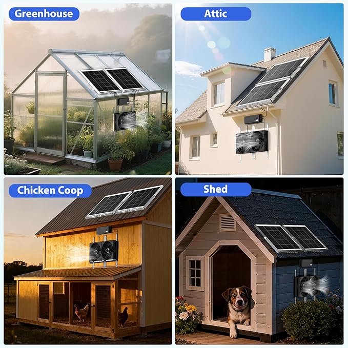 7.5" Solar Fan with Battery Backup, Solar Fan for Greenhouse & Chicken Coop, Solar Fans for Outside, Solar Exhuast Fans for Outdoor Doghouse Shed Vent Circulation Ventilation Cooling