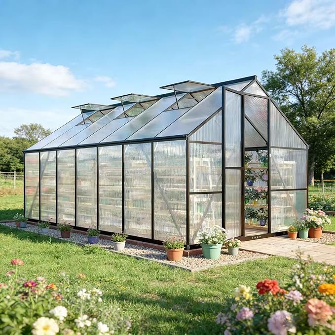 8x14 FT Greenhouses for Outdoors, Polycarbonate Greenhouse with PC Panels, Greenhouses for Outdoors for Yard, Garden, Hobby, Charcoal Black