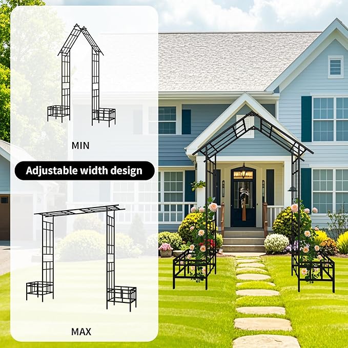 Adjustable Metal Garden Arch with Planters, Heavy Duty Galvanized Steel Arbor for Climbing Plants, Outdoor Pergola Trellis for Rose, Vine, Ivy, Wedding Arch Decoration