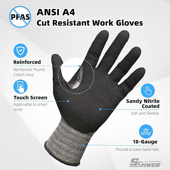 Schwer 6 Pairs ANSI A4 Cut Resistant Work Gloves with Extreme Lightweight & Thin, Sandy Nitrile Touchscreen Safety Working Gloves with Grip, 3D-Comfort Fit, Flexible and Breathable, M, AR5918