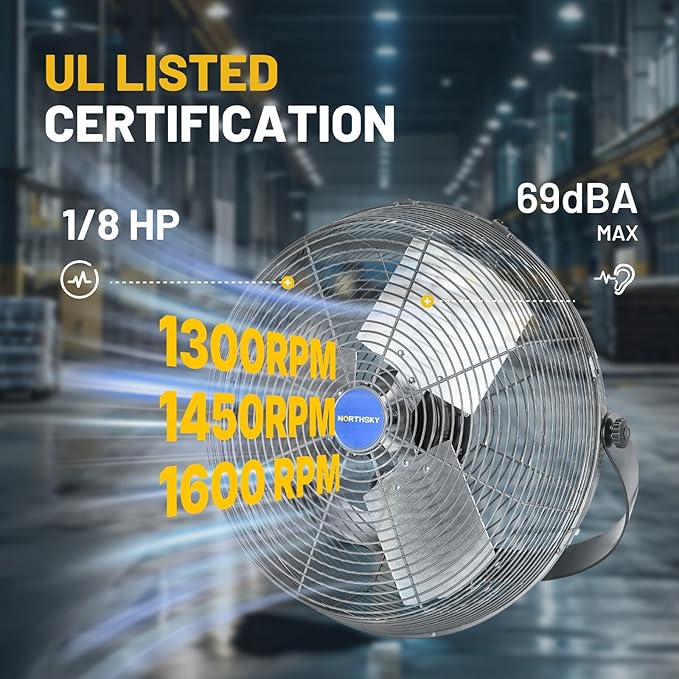 NORTHSKY 18" Industrial Wall Fan, 3 Speeds, 4900 CFM High Velocity Wall Mount Fan, 1/8 HP, 360° Head Hit, Ideal for Greenhouse, Workshop, Garage, Commercial Use, UL Listed