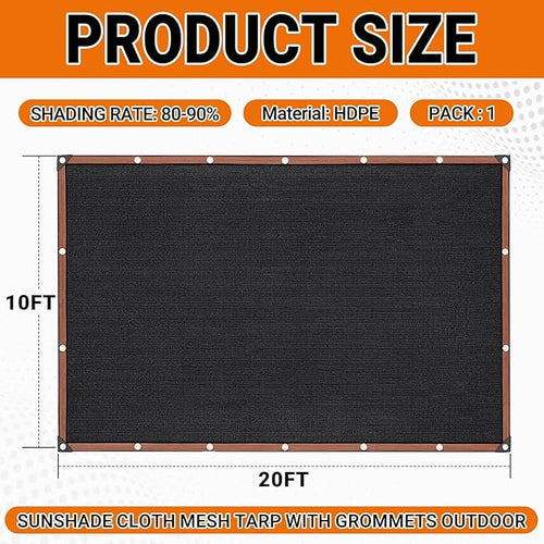 1 Pack 90% Black Shade Cloth for Garden 10 x 20 ft Sunshade Cloth Mesh Tarp with Grommets Outdoor Net for Patio Plants Greenhouse Outdoor Chicken Coop Cover