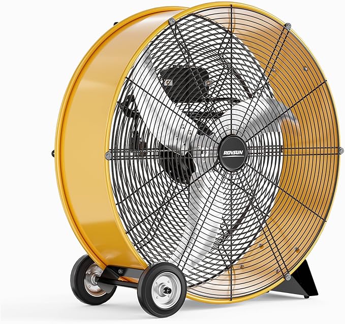 ROVSUN 24 Inch High Velocity Drum Fan, 9500CFM Industrial Metal Floor Fan with Handle, Heavy Duty, 3-Speed, Air Circulator for Shop, Garage, Gym, Barn, Commercial, UL Listed, Yellow