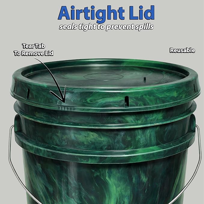 MKS Plastics 5-Gallon Bucket with Airtight Lid – Made in USA, Food Grade BPA Free Plastic, Heavy Duty Multi-Use, Metal Handle with Grip, Stackable Storage – Mystery Swirl, 3 Pack