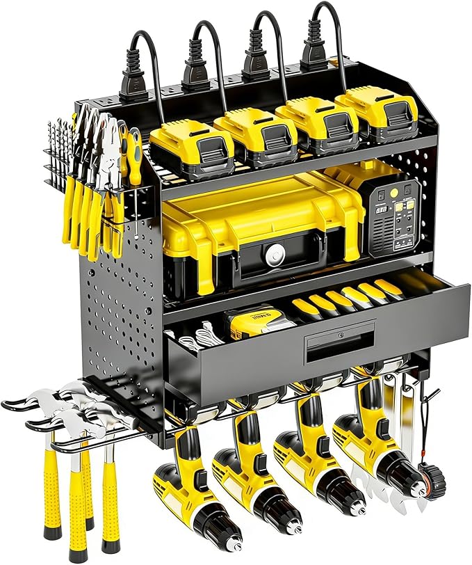 Power Tool Organizer Wall Mount Heavy Duty 130 lbs, 4 Layers Storage Rack with 6 Drill Holders & Battery Storage, Cordless Tool Organizer for Garage, Workshop & Tool Room