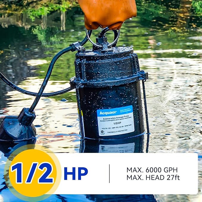 Acquaer Sewage Pump Submersible Water Pump with Automatic Float Switch, for Sump Basin, Residential Sewage, Black, 2'' NPT 1/2 HP 6000 GPH