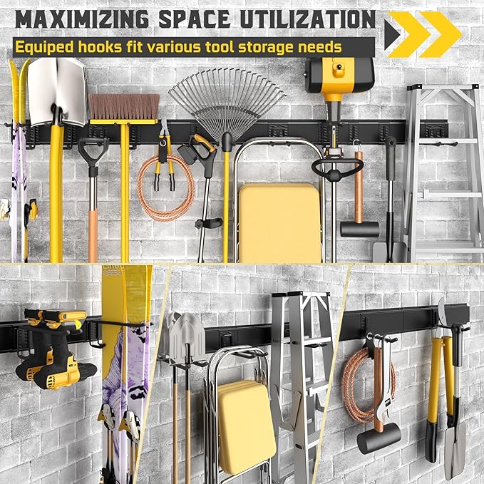 64" Garage Wall Organizer – 12 Longer & Thicker Hooks + 2 Straps, 900 Lbs Heavy Duty Steel Garden Tool Storage Rack & Garage Organization for Yard, Shed, Garage