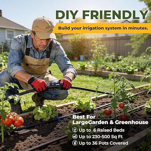 230FT Drip Irrigation System Kit, Quick Connect Garden Watering System, Complete Automatic Drip Irrigation Kit with 1/2" & 1/4" Tubing, Adjustable Emitters for Garden, Raised Beds & Greenhouse
