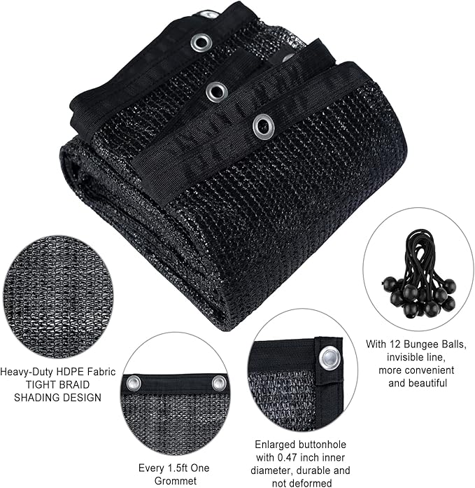 Shatex 90% Shade Fabric 6x12ft Sun Shade Cloth with Grommets for Pergola Cover Canopy Black, 12 Bungee Balls