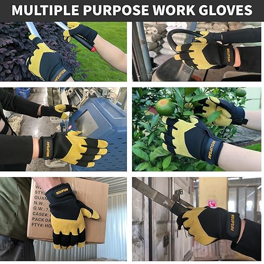 2 Pairs Multi-purpose Mechanics Work Gloves,Utility Mechanic Working Glove Men,Excellent Grip,Black+Green,Large