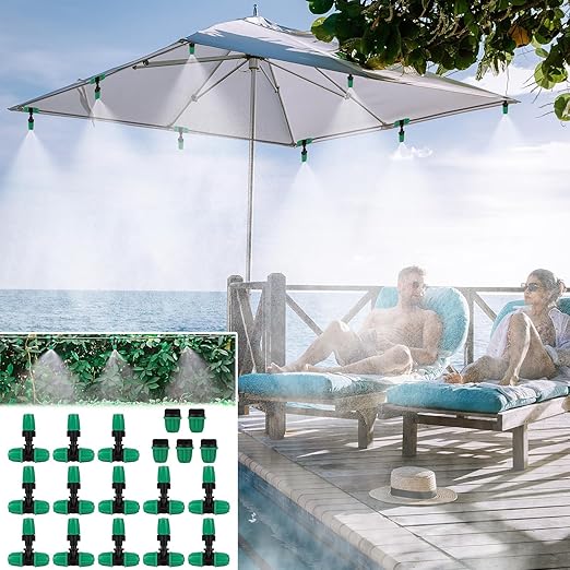 Drip Irrigation Misting Nozzle Kit, 45Pcs Drip Irrigation Parts with 20Pcs 4/7" to 1/4" Barbed Tee Connectors, 20Pcs 1/4" Green Atomizing Misting Nozzles, 5Pcs 4/7" End Caps for Garden Watering