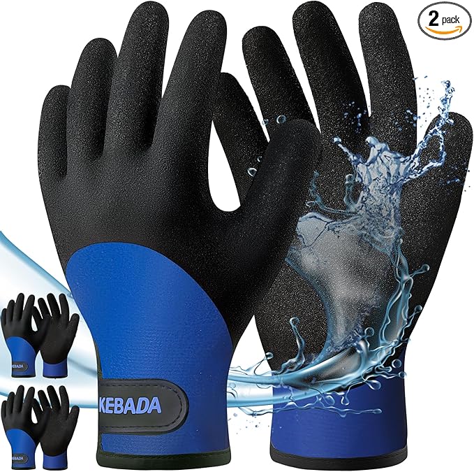 Kebada T2 Waterproof Work Gloves for Men and Women, Thermal Warm Winter Working Gloves, Insulated Freezer Gloves for Cold Weather, 100% Latex Coating, Wrist Closure, 2 Pairs, Blue, X-large