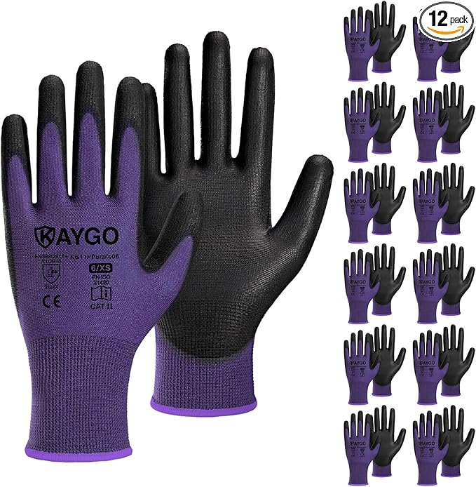 KAYGO Work Gloves for Men and Women,12 Pairs Seamless Knit PU Coated Safety Gloves, with Smooth Grip on Palm and Fingers, Ideal for Light Warehouse, Manufacturing, Gardening, KG11P (XS, Purple)
