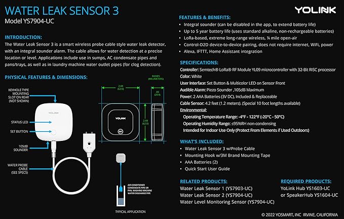 YoLink Water Level Monitoring Sensor, Well Water Level, Water Tank Fish Tank Water Monitor with Built-in Siren Up to 105dB, Compatible with Alexa and IFTTT - YoLink Hub Included