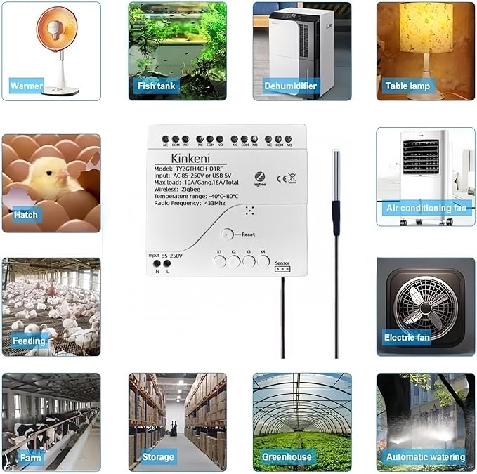 Easy Operation,Zigbee WiFi Temperature Switch ,with Waterproof Temperature Sensor Probe ,Remote Monitoring,Tuya App Remote 4 Channel 10A Clean Contact Relay Switch(tuya zigbee hub Needed)