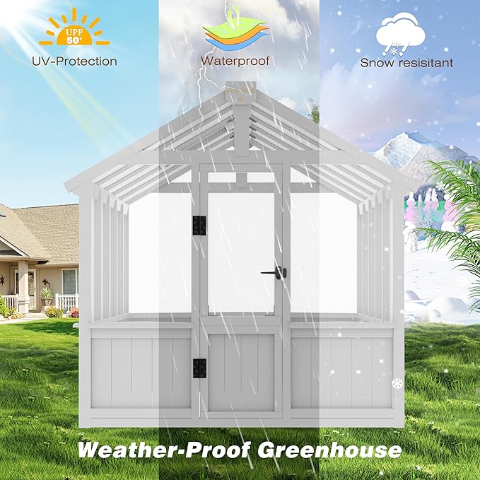 Yardenaler 6x10 FT Green House for Outdoor, Thicken Polycarbonate Panel Wooden Walk-in Greenhouse Kit with Lockable Door and Adjustable Roof Vent, Backyard Garden, White