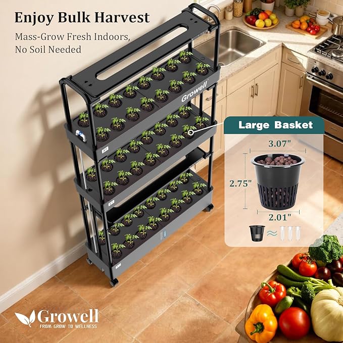 Growell Large Basket Hydroponics Growing System Kit, 48 Pods Vertical Hydroponic Garden with 2 Grow Light Modes, Auto Circulating Water System, 40L Indoor Gardening System for Herb Vegetable Fruit
