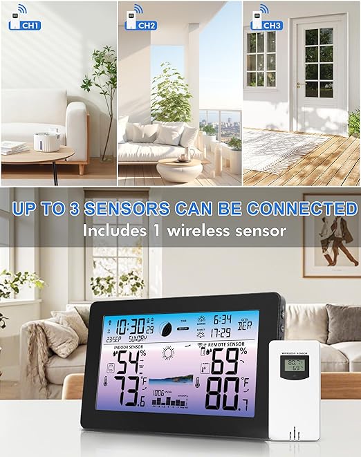 Weather Station Wireless Indoor Outdoor, Digital Thermometer with Accurate Temperature & Humidity, Large Color HD Display with Remote Sensor, Weather Forecast, Atomic Clock, Moon Phase