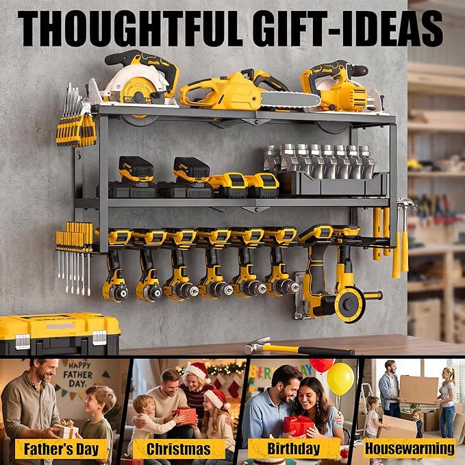 MOOMSINE Large Power Tool Organizer Wall Mount, Heavy Duty Metal Tool Storage Rack Loads 320lbs, 8 Cordless Drill Holder 3 Layer for Garage, Workshop, Tool Room, Gift for Men