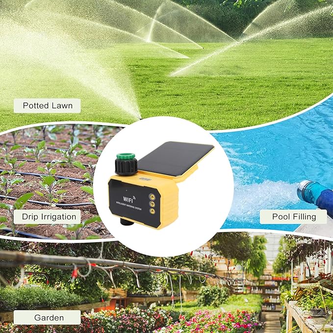 WALFRONT Smart WiFi Water Timer Adjustable 90° Solar Panel Sprinkler Timer for Garden Hose Rain Sensing Feature Automatic Irrigation Controller System