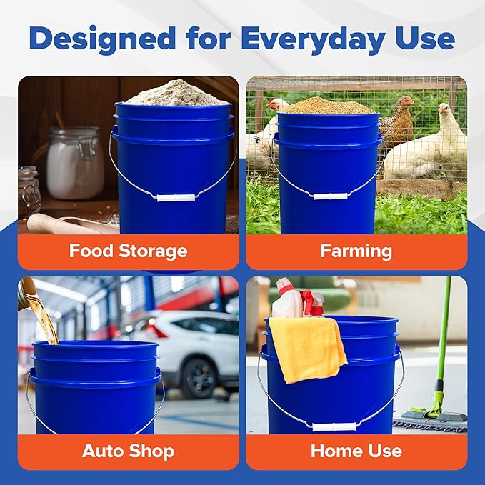 ePackageSupply 5 Gallon Bucket - Food Grade Bucket with Airtight Gamma Seal Screw-On Lid, BPA-Free, Heavy-Duty 90 Mil HDPE Plastic, Bulk Storage, Durable Container, Made in USA, Blue/Blue, 1 Pack