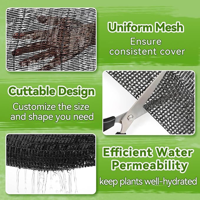 Bigmeta Cuttable Shade Cloth for Garden - 10x30FT 50% UV-Resistant Mesh Tarp with Rope, Black Sun Cover Net for Patio Greenhouse Raised Beds Plants