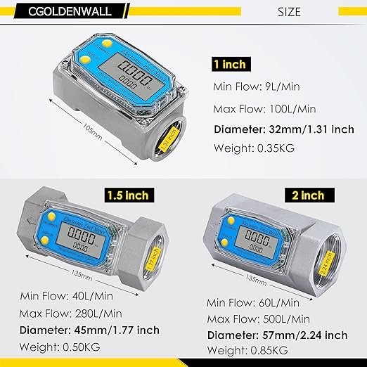 CGOLDENWALL 1 inch 3/4 inch Turbine Flow Meter 2.5~26GPM Fuel Meter Digital Liquid Flowmeter with with 2 NPT Adapters Flow Meter for Water, Diesel, Kerosene, Gasoline with Gallon Unit