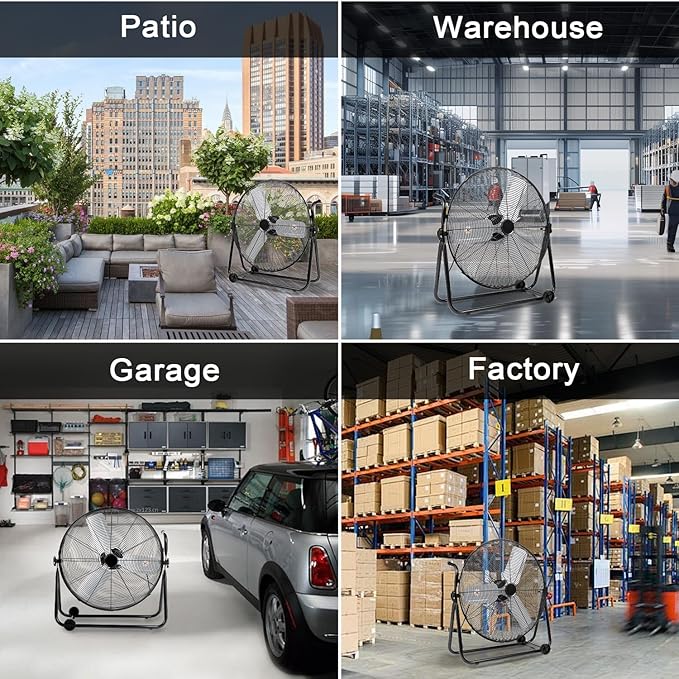 24 Inch High Velocity Industrial Fan 8500 CFM Heavy Duty Outdoor Fan 3-Speed 360 Degree Adjustable Tilt, Metal Floor Fans with Aluminum Blades for Workshop Patio Commercial Factory Garage, Black