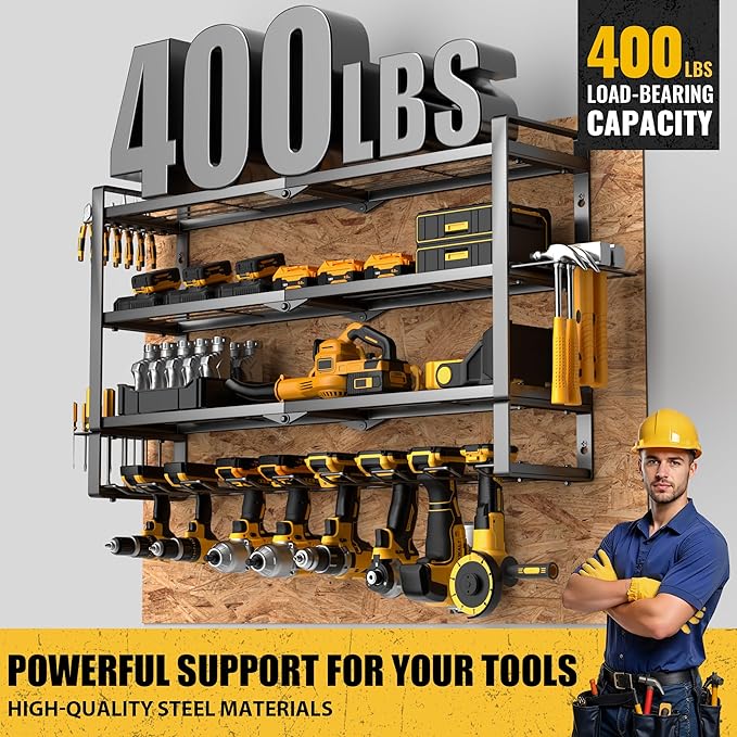 MOOMSINE Large Power Tool Organizer Wall Mount, 4-Tier Heavy Duty Metal Storage Rack Loads 400lbs, Battery Tools Hanger with 8 Cordless Drill Holder for Garage, Workshop, Pegboard, Shed