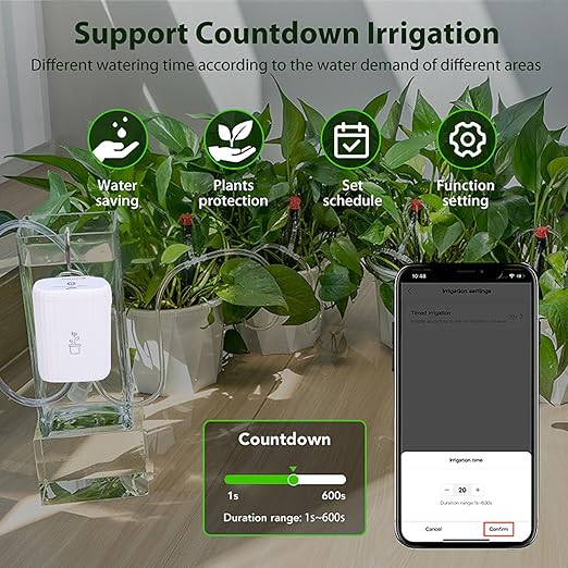 Eujgoov WiFi Automatic Plant Waterer Irrigation Drip System with App Control for Indoor Plants, 1800mAh Battery, 4 Drippers, Water Hose