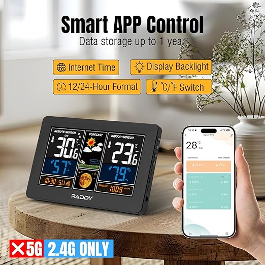 Raddy N75 Wi-Fi Weather Station with App Control, 7.5" Color Display Indoor Outdoor Thermometer, Accurate Weather Forecast, Network Time, Frost Alert, Adjustable Backlight for Home Use