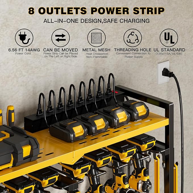 NattyDot Large Power Tool Organizer Cart with Charging Station 8 Drill Holder Garage Storage Standing Heavy Duty and Stability Storage Rack Utility Tool Shelf (Yellow)