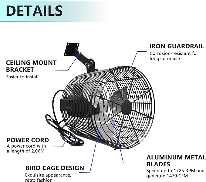 Greenhouse Circulation Fan Air Circulation Fan 1/10 HP 115V Ceiling Wall Mount Fan High Speed Circulation Fan for Greenhouse, Warehouse, Patio, Garage 1470CFM, ETL Listed