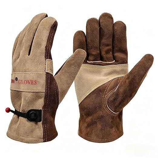 Leather Gardening Gloves for Men and Women, Work Gloves for Welding, Construction, Chainsaw, Farm, Ranch, Yard Work, Abrasion Resistant, Cactus Thorn Proof (Brown, Medium)