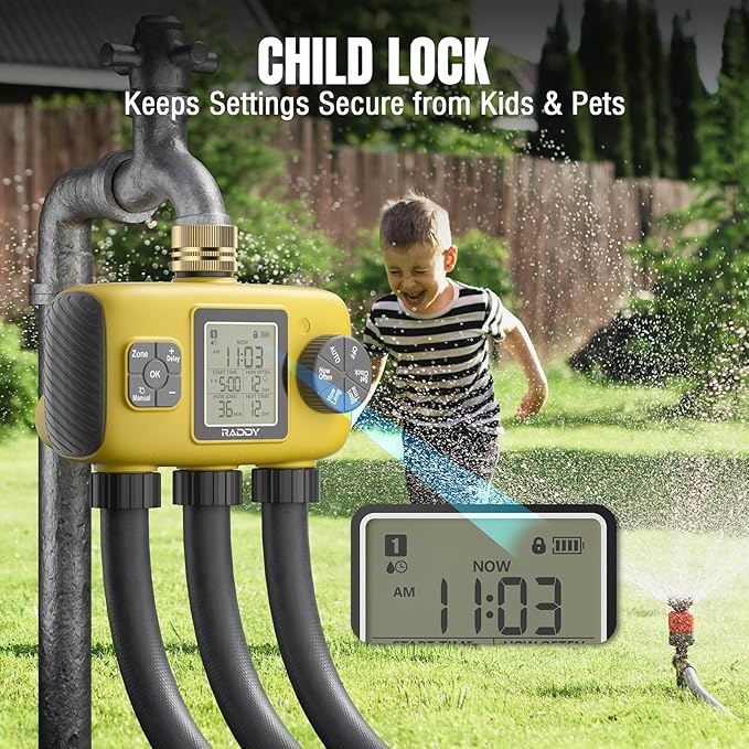 Raddy WS-8 Sprinkler Timer 3 Zone, Heavy-Duty Outdoor Irrigation Controller with Manual Watering, Rain Delay, High-Pressure 6V Valve, Fully Waterproof for Garden Yard, Yellow