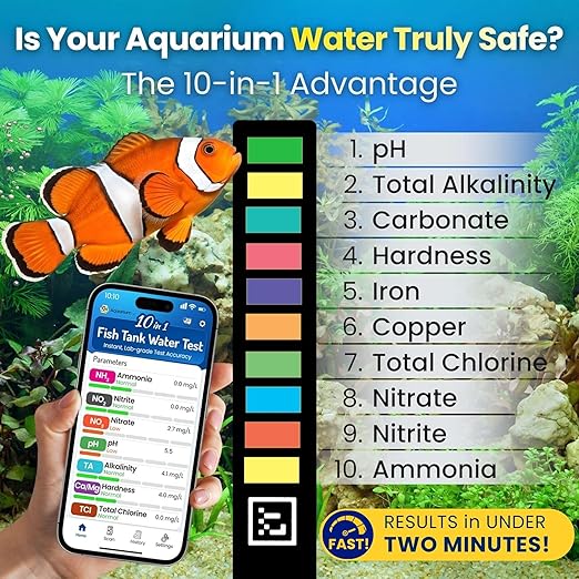 Digital Aquarium Water Test Kit, App-Enabled 10-in-1 Freshwater & Saltwater Aquarium Test Strips for Fish Tanks, Shrimp, Reef Test Strips, pH, Ammonia, Nitrate, Nitrite, GH, KH, Chlorine