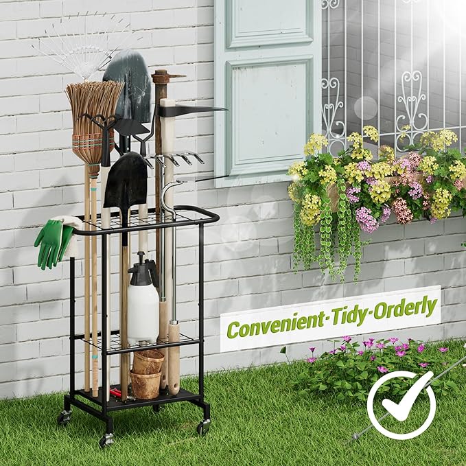 3-Tier Garden Tool Organizer with Wheels, Garage Floor Rolling Storage Cart on Wheels Heavy Duty Metal Rolling Storage Cart, Yard Tool Tower Rack for Garage, Patio, Shed, Indoor Outdoor